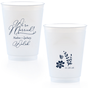 Personalized 14 oz Frost Flex Cup with Matte Stone Blue Ink Colors has a beautiful floral accent graphic and is good for use in wedding and reception themed parties and can be personalized to match your party's exact theme and tempo.