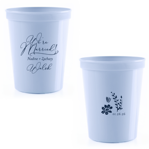 Personalized Powder Blue 16 oz Stadium Cup with Matte Navy Ink Colors has a Fancy Flourish graphic and a Garden Flower Accent graphic and is good for use in Floral and wedding themed parties and can't be beat. Showcase your style in every detail of your party's theme!