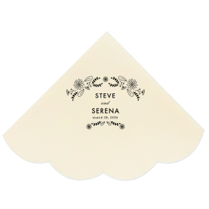 Frame your nuptials with the Floral Flourish Wedding Napkin, boasting hand-drawn, modern flourishes. The couple's names and date are nestled within this botanical art, lending organic elegance to the celebration's thoughtful details.