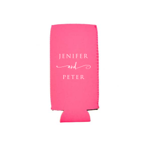 Keep drinks cool with the Elegant Union Cooler, a testament to unity. This can cooler features the couple's names in bold, all-caps, seamlessly linked by an artistic 'and' with an elegant flourish. This symbolizes their intertwined journey, adding a meaningful touch to a practical celebration favor.