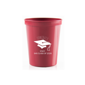 Toast to academic achievements with the Graduation Cap Congrats Cup, where 'Congrats' crowns the iconic tasseled cap. Below, the graduate's name, school, class, and year mark this significant rite of passage, making each sip a tribute to their hard work and success.