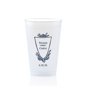 ForYourParty's personalized Matte Stone Blue Ink 12 oz Frost Flex Cup with Matte Stone Blue Ink Cup Ink Colors has a Crest Rose graphic and is good for use in Floral, Wedding themed parties and will impress guests like no other. Make this party unforgettable.