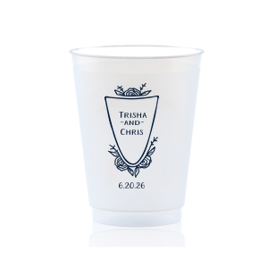 ForYourParty's personalized Matte Stone Blue Ink 12 oz Frost Flex Cup with Matte Stone Blue Ink Cup Ink Colors has a Crest Rose graphic and is good for use in Floral, Wedding themed parties and will impress guests like no other. Make this party unforgettable.
