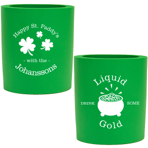 Our personalized Lime Round Can Cooler with Gold Ink Screen Print has a Clovers graphic and a Pot 'O Gold graphic and is good for use in St. Patricks Day themed parties and can be customized to complement every last detail of your party.