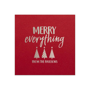 Our personalized Lipstick Red Linen Like Cocktail Napkin with Shiny Sterling Silver Foil has a 3 Trees graphic and is good for use in Christmas themed parties and will make your guests swoon. Personalize your party's theme today.