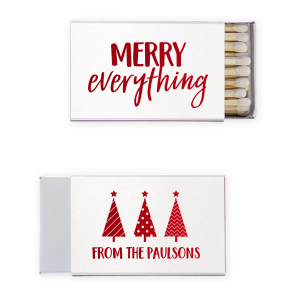 ForYourParty's elegant Stardream Crystal White Classic Matchbox with Shiny Convertible Red Foil has a 3 Trees graphic and is good for use in Christmas themed parties and can be personalized to match your party's exact theme and tempo.