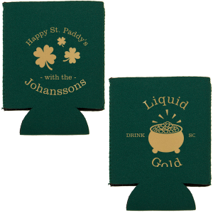 Our personalized Lime Round Can Cooler with Gold Ink Screen Print has a Clovers graphic and a Pot 'O Gold graphic and is good for use in St. Patricks Day themed parties and can be customized to complement every last detail of your party.