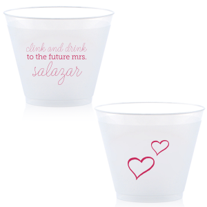 Customize Clink & Drink cups for a smashing addition to your bridal shower or bachelorette party! The Fuchsia print, hand lettered script and little hearts give a playful feminine touch your bride will love. Fun in the moment, they also make fabulous personalized party favors.