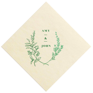 Delight in romance with the Floral Framed Names Napkin, where names bloom within a whimsical wildflower border. Heart-shaped leaves add a tender touch, perfect for enchanting engagements or weddings that celebrate love's natural beauty.