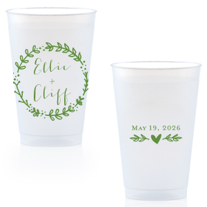 This Wreath Names Cup features a romantic botanical wreath surrounding the couple’s names on one side and a sweet heart accent with a special date on the other. Order a set to serve drinks with a charming, custom touch guests will love. Lovely for wedding receptions!