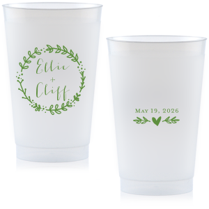 This Wreath Names Cup features a romantic botanical wreath surrounding the couple’s names on one side and a sweet heart accent with a special date on the other. Order a set to serve drinks with a charming, custom touch guests will love. Lovely for wedding receptions!