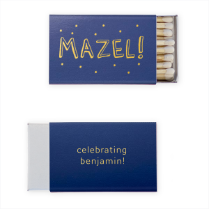 ForYourParty's elegant Shiny Navy Classic Matchbox with Shiny Gold Foil has a Starry Mazel graphic and is good for use in Bar and Bat Mitzvah themed parties and will add that special attention to detail that cannot be overlooked.