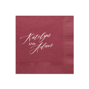 Make a bold impression with the ‘Statement Script Couple Names Napkin’, where the couple’s names take center stage. Printed in a distinctive, bold script with a touch of flair, this design beautifully encapsulates the couple’s union, ensuring their names are elegantly intertwined for an everlasting statement.