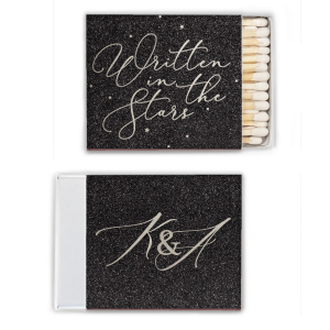 ForYourParty's elegant Glitter NEW Black Riviera Matchbox with Shiny Sterling Silver Foil has a Starry Written In the Stars graphic and is good for use in Stars, Wedding, Words themed parties and will add that special attention to detail that cannot be overlooked.