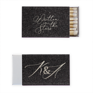 ForYourParty's elegant Glitter NEW Black Riviera Matchbox with Shiny Sterling Silver Foil has a Starry Written In the Stars graphic and is good for use in Stars, Wedding, Words themed parties and will add that special attention to detail that cannot be overlooked.