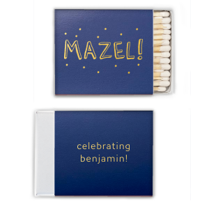 ForYourParty's elegant Shiny Navy Classic Matchbox with Shiny Gold Foil has a Starry Mazel graphic and is good for use in Bar and Bat Mitzvah themed parties and will add that special attention to detail that cannot be overlooked.