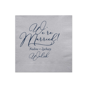 Celebrate nuptial bliss with the We're Married Flourished Script Wedding Napkin design, where a grand declaration in fancy script takes center stage. It's an elegant exclamation of love, perfect for couples proudly announcing their union with a flourish of sophistication and joy.