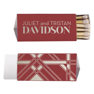 Ignite elegance with the Art Deco Match, a tribute to chic, symmetrical design. One side features the couple’s first names in linear print, accentuated by their last name in bold, all-caps block print. The other side boasts an impactful Art Deco pattern, perfectly encapsulating this iconic, streamlined aesthetic.