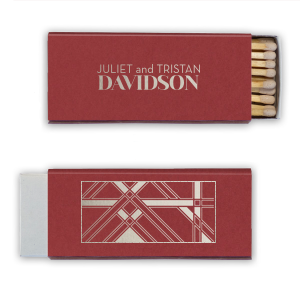 Ignite elegance with the Art Deco Match, a tribute to chic, symmetrical design. One side features the couple’s first names in linear print, accentuated by their last name in bold, all-caps block print. The other side boasts an impactful Art Deco pattern, perfectly encapsulating this iconic, streamlined aesthetic.