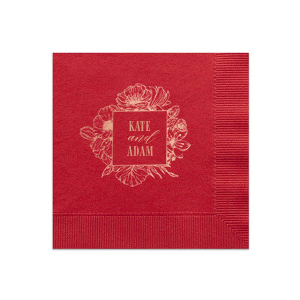 Custom Convertible Red Cocktail Napkin with Shiny Rose Gold Foil has a Romantic Flower Frame graphic and is good for use in Floral, Frames themed parties and can't be beat. Showcase your style in every detail of your party's theme!