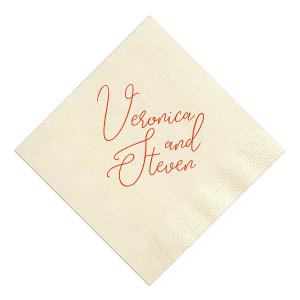 The Flowy Artistic Script Names Napkin celebrates love with its flowy, artistic script that gracefully showcases the couple's names. This design's subtlety speaks volumes, making the names a central, elegant focus, perfect for lending a personalized and refined touch to any wedding or intimate gathering.