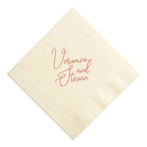 The Flowy Artistic Script Names Napkin celebrates love with its flowy, artistic script that gracefully showcases the couple's names. This design's subtlety speaks volumes, making the names a central, elegant focus, perfect for lending a personalized and refined touch to any wedding or intimate gathering.