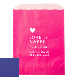 Package joy in the Love is Sweet Treat Gift Bag, featuring a gleaming gold heart above the playful promise, "Love is Sweet, Have a Treat." With the couple's details beneath, it's a whimsically sweet farewell to guests.
