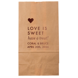 This Love is Sweet Treat Gift Bag features a heart illustration, a sweet message inviting guests to “take a treat,” and the couple’s names and event date above. Choose it to add charm and personality while memorably presenting treats. Perfect for weddings, showers, or celebratory parties.