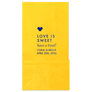 This Love is Sweet Treat Gift Bag features a heart illustration, a sweet message inviting guests to “take a treat,” and the couple’s names and event date above. Choose it to add charm and personality while memorably presenting treats. Perfect for weddings, showers, or celebratory parties.