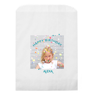 Custom White Custom Photo Party Bag with Matte Teal Ink Digital Print Colors has a Congrats graphic and is good for use in Words, Hearts, Wedding themed parties and will make your guests swoon. Personalize your party's theme today.