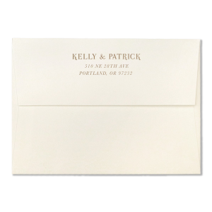 Custom White A7 Economy Envelope with Shiny 18 Kt Gold Foil has a Peony Flourish graphic and is good for use thank you cards and can be personalized to match your party's exact theme and tempo.