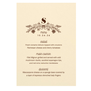 Present a feast for the eyes with the Rose Laurel Menu, crowned by an arch of hand-drawn blooms and foliage. Thirteen lines await your gourmet selections, framing each course with an air of elegance befitting the finest gatherings.