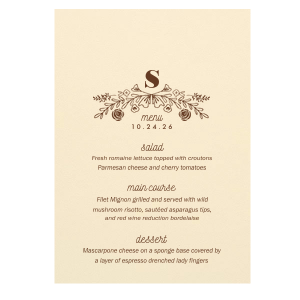 Present a feast for the eyes with the Rose Laurel Menu, crowned by an arch of hand-drawn blooms and foliage. Thirteen lines await your gourmet selections, framing each course with an air of elegance befitting the finest gatherings.