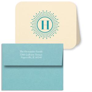 Pen your notes with a touch of the roaring twenties on the Sunburst Initial Note Card With Envelope. The iconic sunburst frame spotlights your family initial, radiating sophistication. Accompanied by an envelope with your return address, each note becomes a stylish statement.