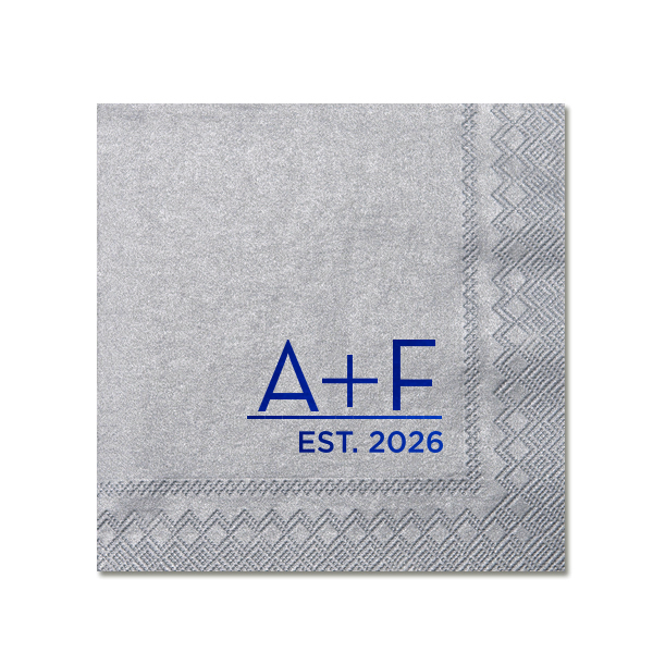 Embrace sleek sophistication with the Modern Initials Established Napkin design, showcasing bold initials aloft a significant date, marking the union's inception. Ideal for couples seeking a minimalist yet impactful emblem of their contemporary love story.