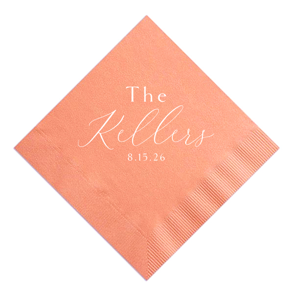 Exuding charm, the Sophisticated Family Name Napkin highlights the couple's shared surname in a bold, contemporary script. This design, focused on the last name with the event date subtly included, beautifully commemorates the unity celebrated on their wedding day.