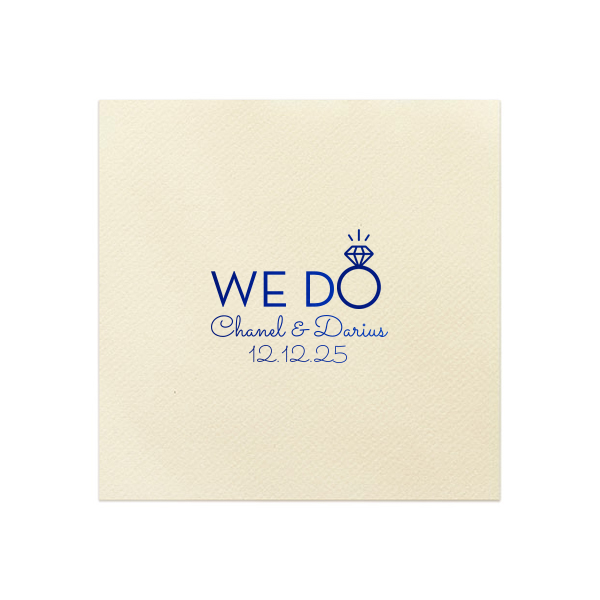 Our custom Ivory Cocktail Napkin with Shiny Royal Blue Foil has a Diamond Ring graphic and is good for use in Wedding, Bridal Shower themed parties and will give your party the personalized touch every host desires.