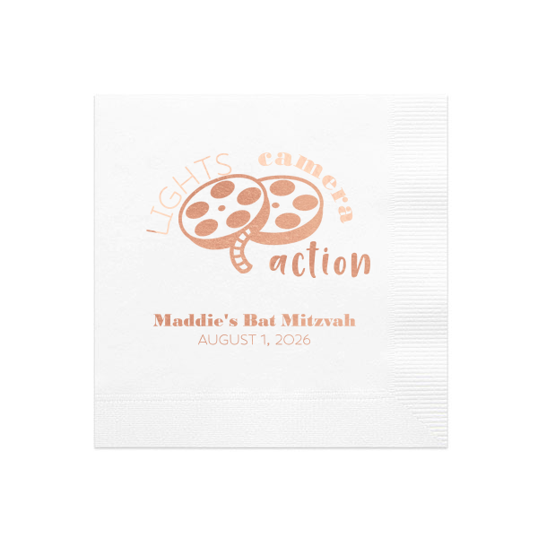 Our custom White Cocktail Napkin with Shiny Rose Gold Foil has a Movie Reel graphic and is good for use in The Arts, Birthday themed parties and will make your guests swoon. Personalize your party's theme today.