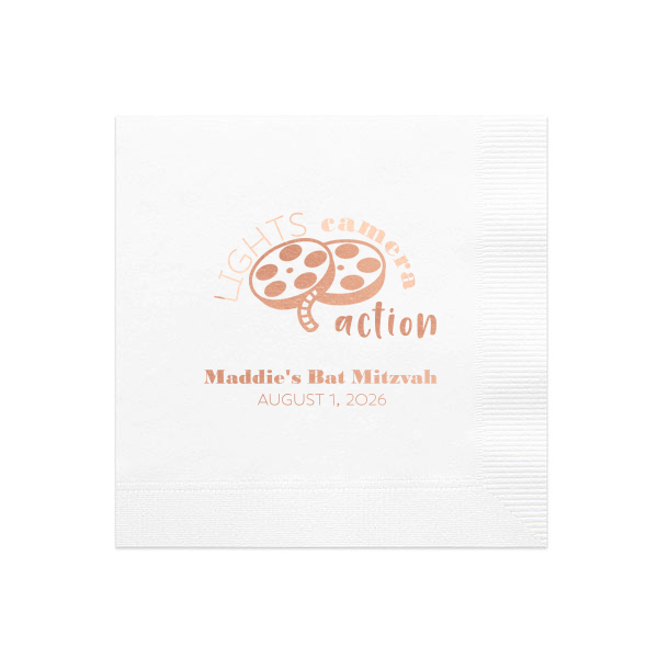 Our custom White Cocktail Napkin with Shiny Rose Gold Foil has a Movie Reel graphic and is good for use in The Arts, Birthday themed parties and will make your guests swoon. Personalize your party's theme today.