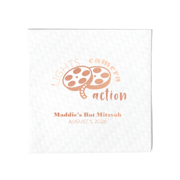 Our custom White Cocktail Napkin with Shiny Rose Gold Foil has a Movie Reel graphic and is good for use in The Arts, Birthday themed parties and will make your guests swoon. Personalize your party's theme today.
