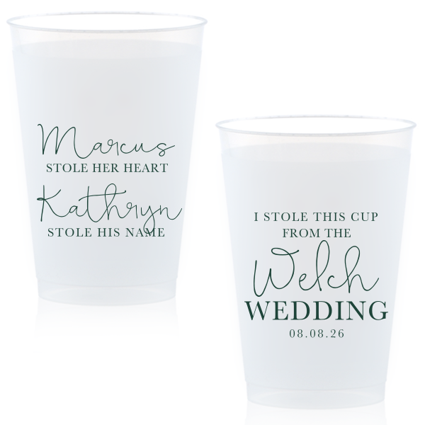 The Stolen From Cup features flowing script typography paired with a tongue-in-cheek message, “He stole her heart, she stole his name, and I stole this cup,” for a memorable drinkware detail. Use it to keep the celebration lighthearted while giving guests a fun takeaway. Well-suited for wedding receptions and after-parties.