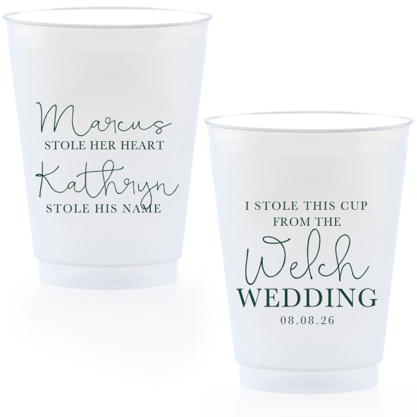 The Stolen From Cup features flowing script typography paired with a tongue-in-cheek message, “He stole her heart, she stole his name, and I stole this cup,” for a memorable drinkware detail. Use it to keep the celebration lighthearted while giving guests a fun takeaway. Well-suited for wedding receptions and after-parties.
