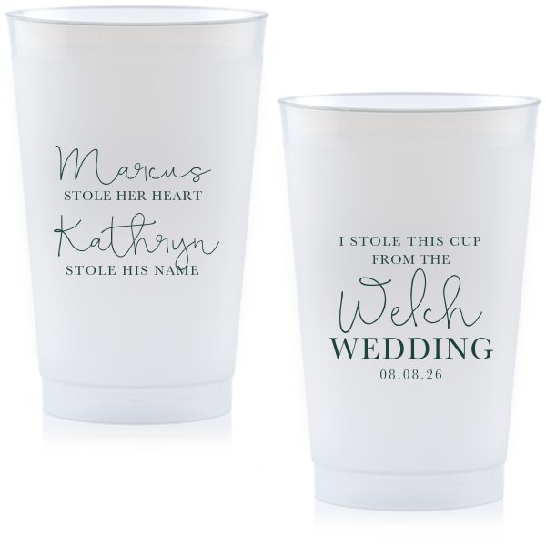 The Stolen From Cup features flowing script typography paired with a tongue-in-cheek message, “He stole her heart, she stole his name, and I stole this cup,” for a memorable drinkware detail. Use it to keep the celebration lighthearted while giving guests a fun takeaway. Well-suited for wedding receptions and after-parties.