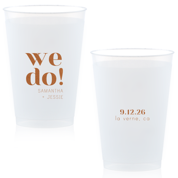 The Bold We Do Names Cup features bold serif lettering paired with a clean layout and understated secondary text with the couple’s names, special date, and location for a modern wedding look. Choose it to serve drinks with a polished, joyful statement guests will love. Spot-on for wedding receptions and engagement parties.