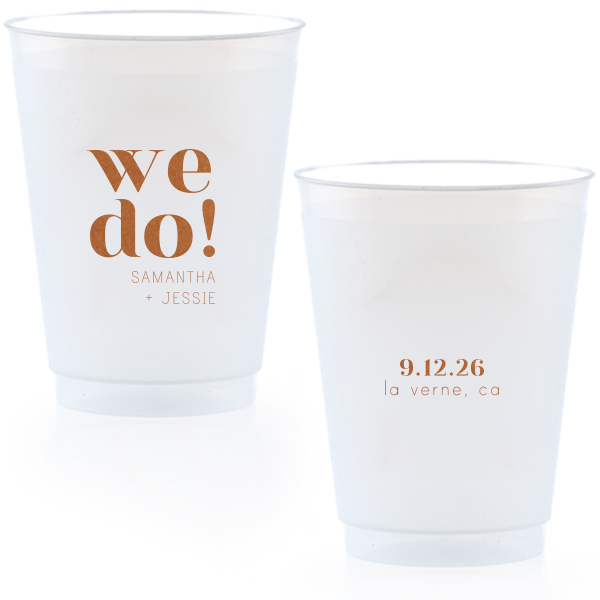 The Bold We Do Names Cup features bold serif lettering paired with a clean layout and understated secondary text with the couple’s names, special date, and location for a modern wedding look. Choose it to serve drinks with a polished, joyful statement guests will love. Spot-on for wedding receptions and engagement parties.