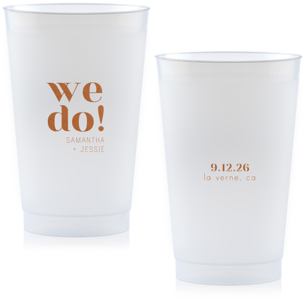 The Bold We Do Names Cup features bold serif lettering paired with a clean layout and understated secondary text with the couple’s names, special date, and location for a modern wedding look. Choose it to serve drinks with a polished, joyful statement guests will love. Spot-on for wedding receptions and engagement parties.
