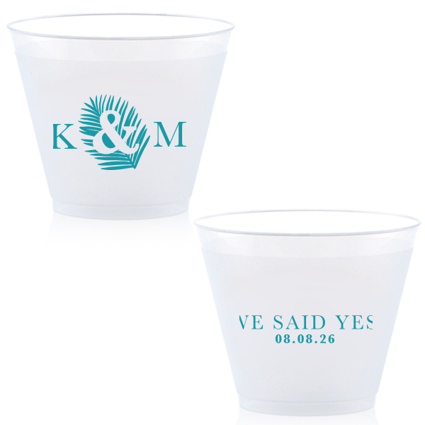 Our beautiful custom 9 oz Frost Flex Cup with Matte Teal/Peacock Ink has an Ampersand Leaf graphic and is good for use in Outdoors, Trendy, Accents themed parties and are a must-have for your next event—whatever the celebration!