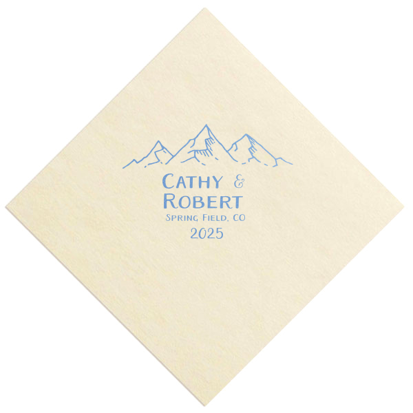 The ever-popular Ivory Borderless Cocktail Napkin with Satin French Blue Foil has a Mountain Range graphic and is good for use in Adventure, Outdoors themed parties and can't be beat. Showcase your style in every detail of your party's theme!