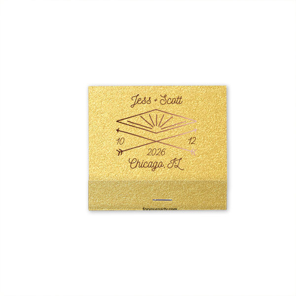 ForYourParty's elegant Shimmer Silver 30 Strike Matchbook with Matte Black Foil has a Diamond Arrow graphic and is good for use in Wedding themed parties and can be personalized to match your party's exact theme and tempo.