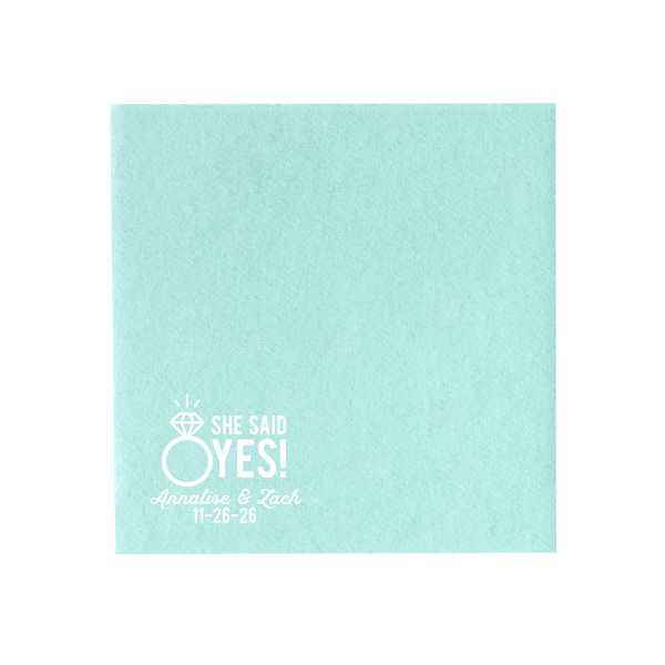 The She Said Yes! Diamond Ring Napkin features bold celebratory lettering, your name and special date, elegant script,t and a sparkling ring icon for a joyful announcement detail. Set it out to share the excitement and invite guests to celebrate together. Just right for engagement parties, or proposal celebrations!